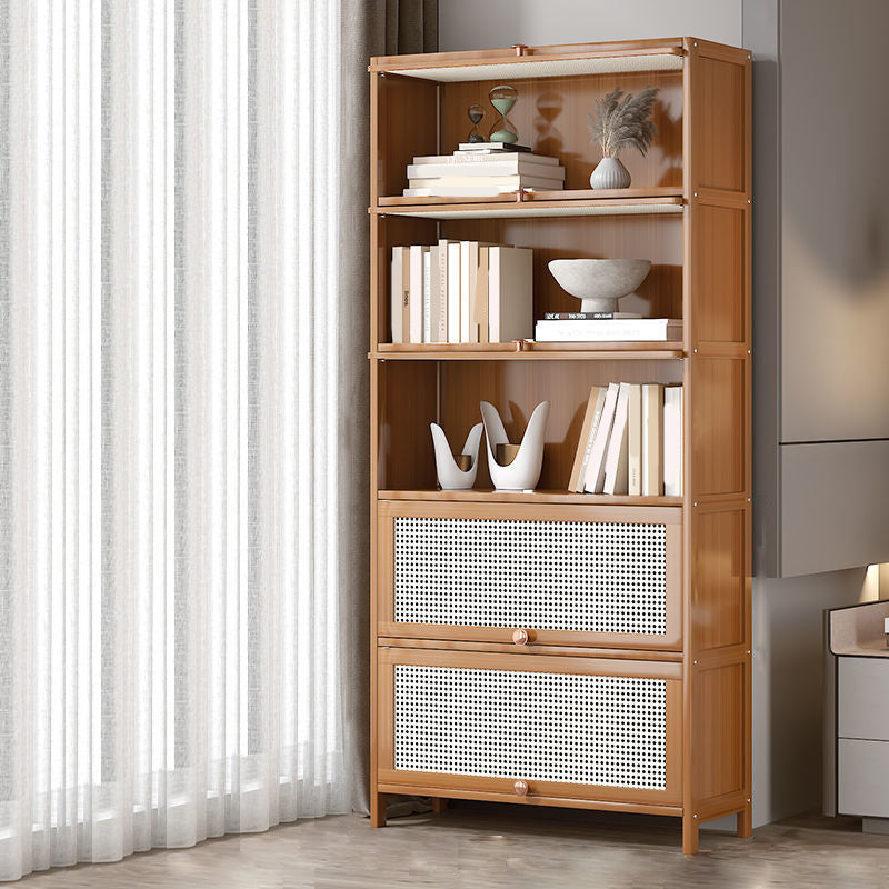 13" Wide Wooden Bookcase Bamboo Light Brown Bookshelf with Doors