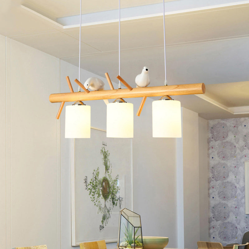 Modern Island Light Wooden Island Hanging Light with Glass Shade for Living Room
