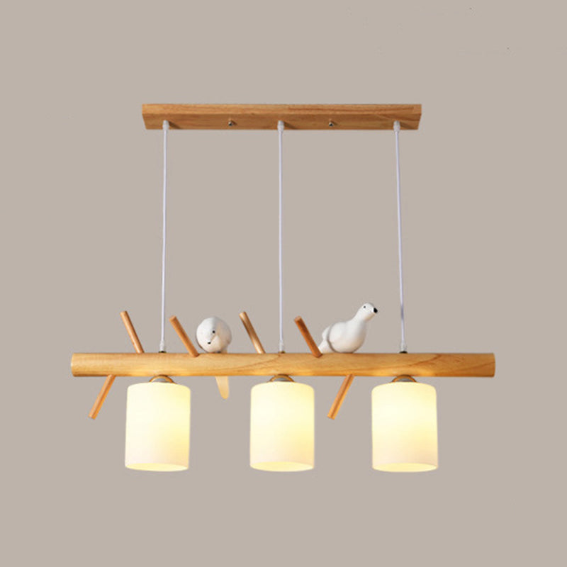 Modern Island Light Wooden Island Hanging Light with Glass Shade for Living Room