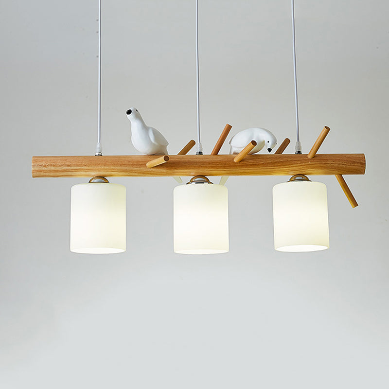 Modern Island Light Wooden Island Hanging Light with Glass Shade for Living Room