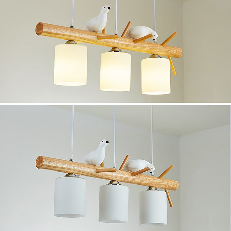 Modern Island Light Wooden Island Hanging Light with Glass Shade for Living Room