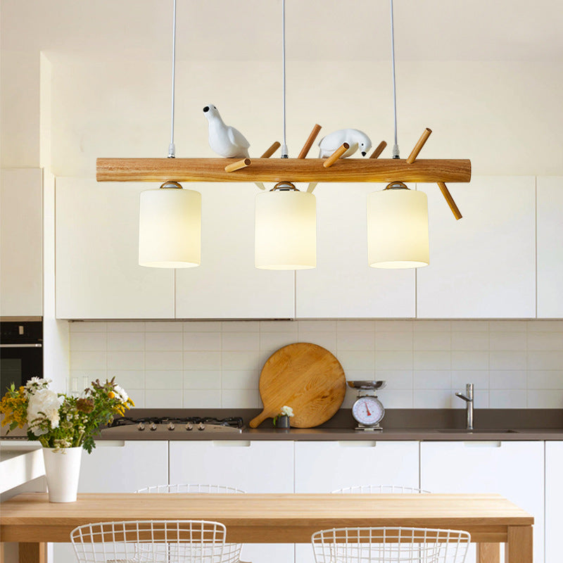 Modern Island Light Wooden Island Hanging Light with Glass Shade for Living Room