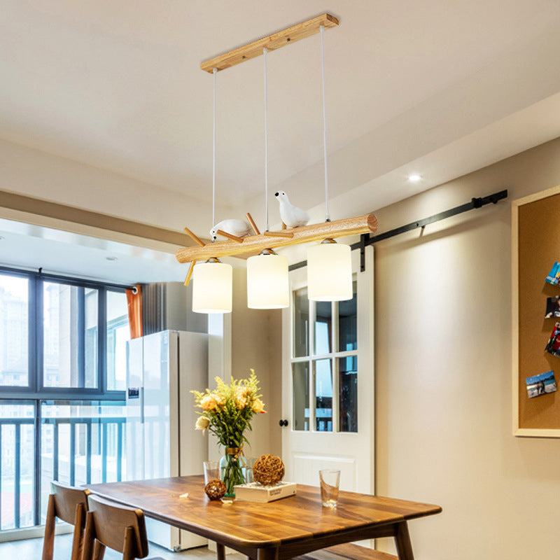 Modern Island Light Wooden Island Hanging Light with Glass Shade for Living Room