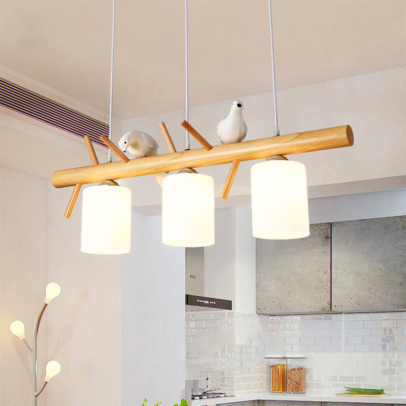 Modern Island Light Wooden Island Hanging Light with Glass Shade for Living Room