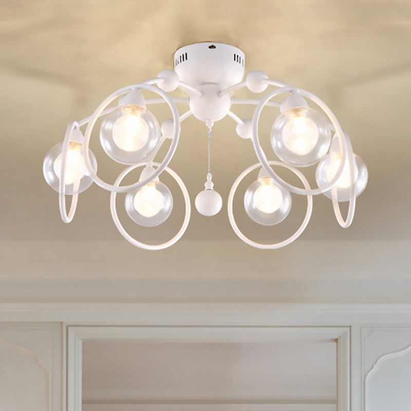 Éclairage de montage semi-luxueux avec une nuance de verre globe 6 lumières modernes plafonnier blanc luminaire pour chambre à coucher