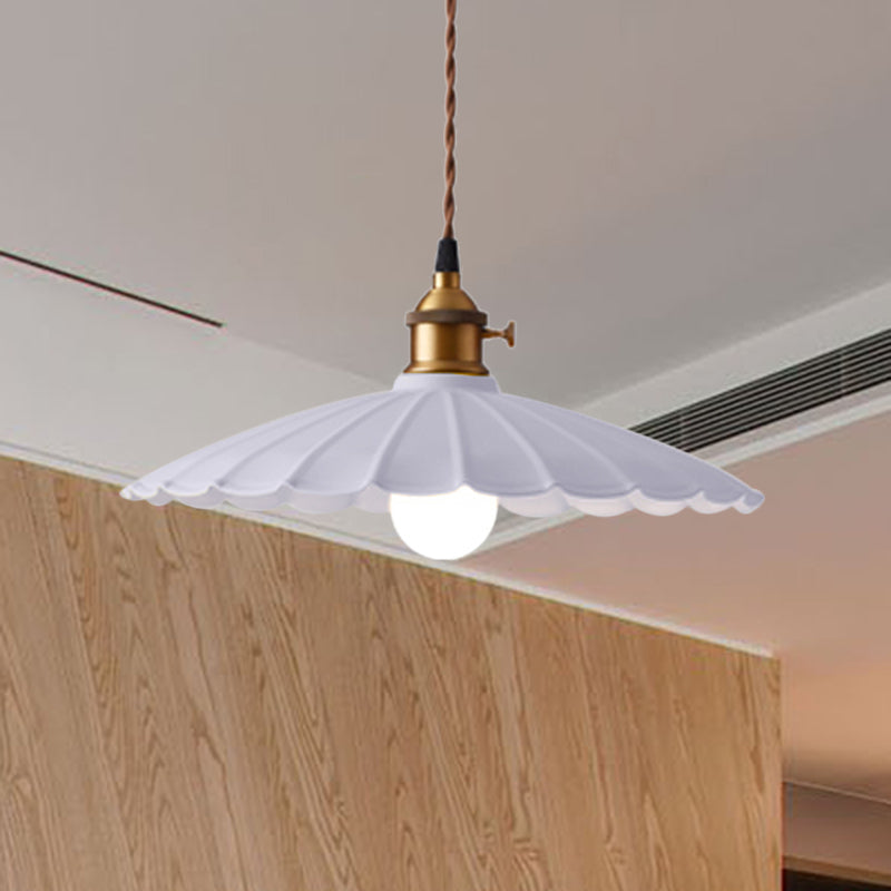 Industrial Retro Scalloped Hanging Light Fixture 10"/12" Dia 1 Bulb Iron Hanging Lamp in White/Red for Dining Room