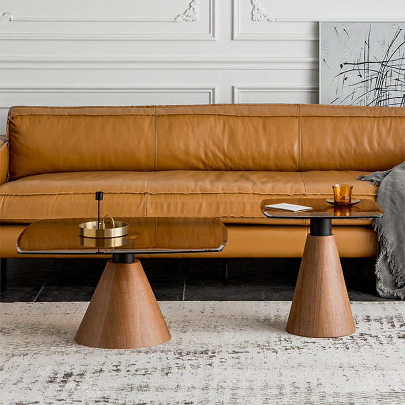 Square Glass Top Coffee Table in Brown Modern Pedestal Cocktail Table