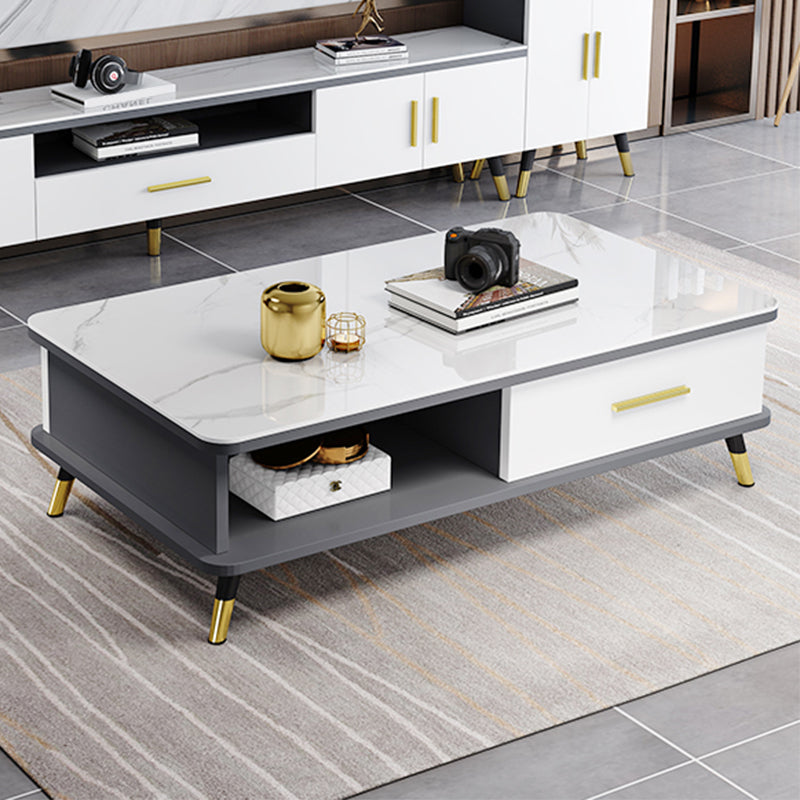 Modernism Rectangular Glass Top Coffee Table 1-Shelf 2-Drawer Cocktail Table