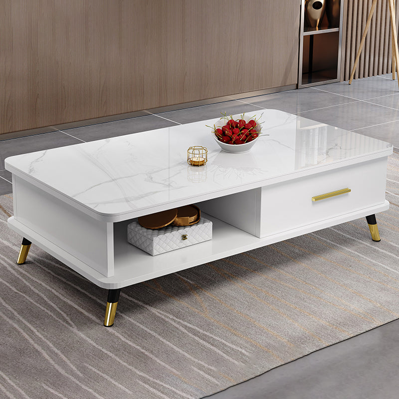 Modernism Rectangular Glass Top Coffee Table 1-Shelf 2-Drawer Cocktail Table