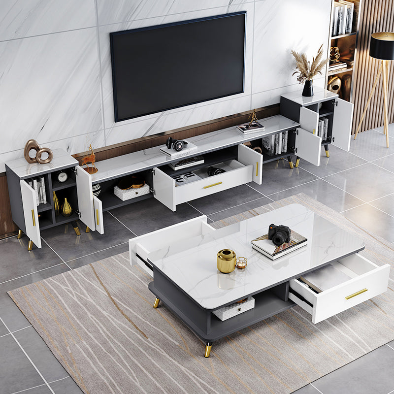 Modernism Rectangular Glass Top Coffee Table 1-Shelf 2-Drawer Cocktail Table