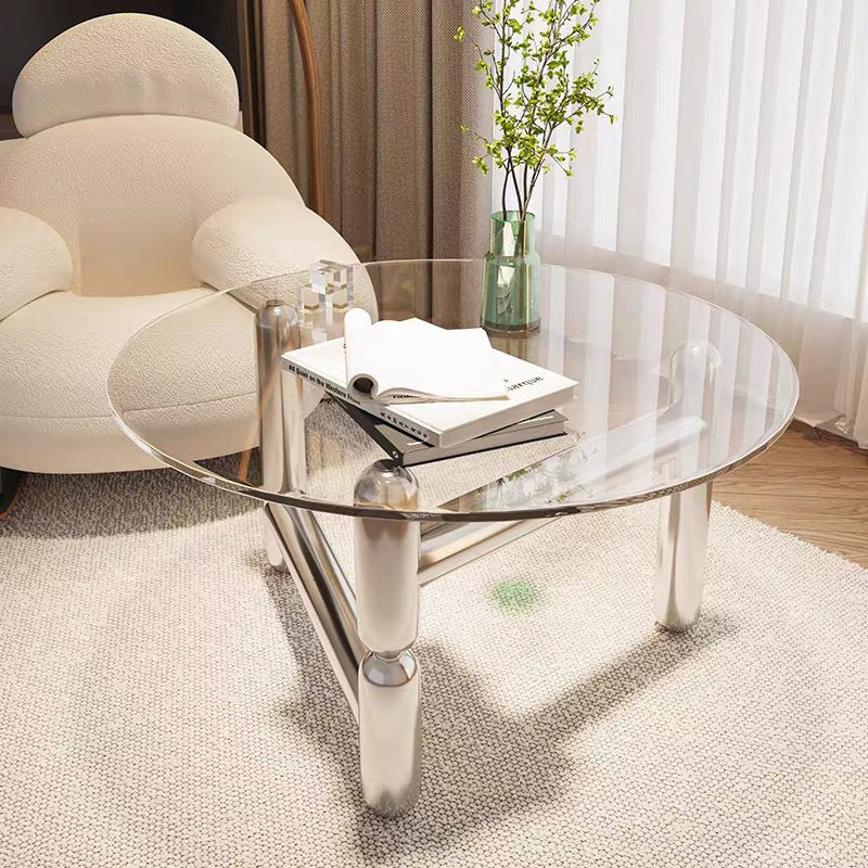 Round Glass Coffee Cocktail Table Steel 3 Legs 1 Single Coffee Table