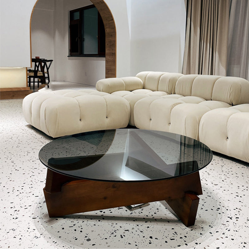 Round Glass-Topped Coffee Cocktail Table with Solid Wood Base