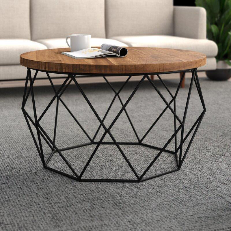 Round Solid Wood Coffee Table with Metal Frame Base Coffee in Brone