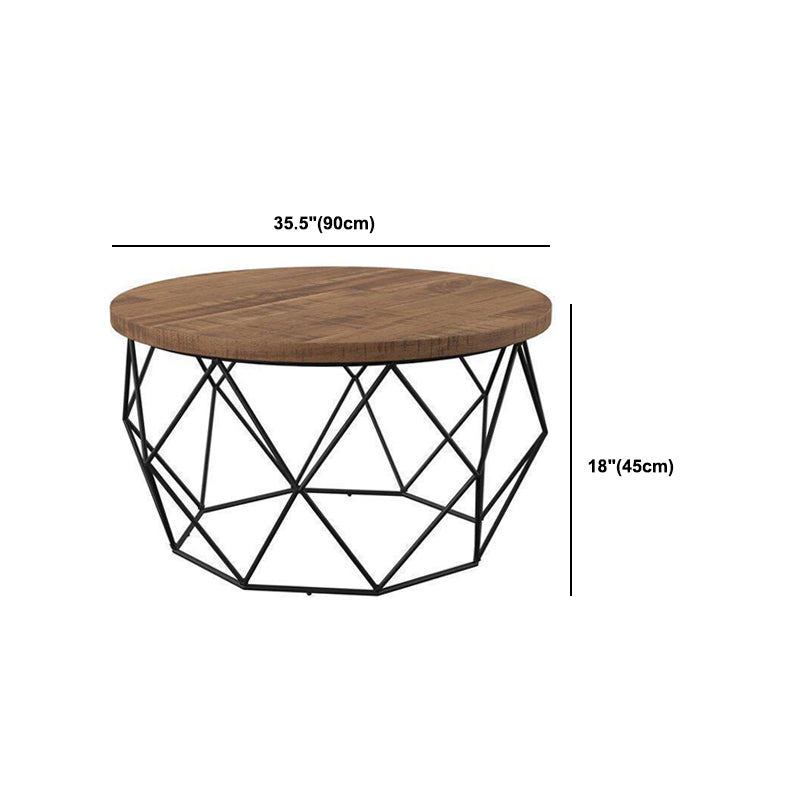 Round Solid Wood Coffee Table with Metal Frame Base Coffee in Brone