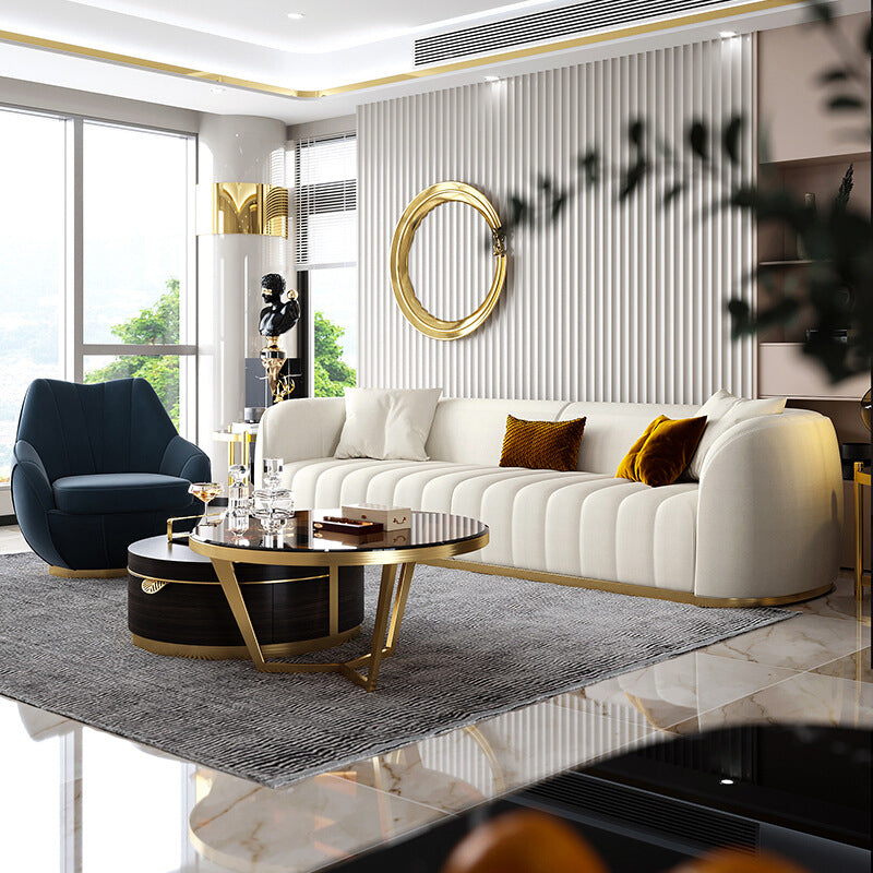 Beige Contemporary Sofa with Pillows Faux Leather Tuxedo Arm Sofa