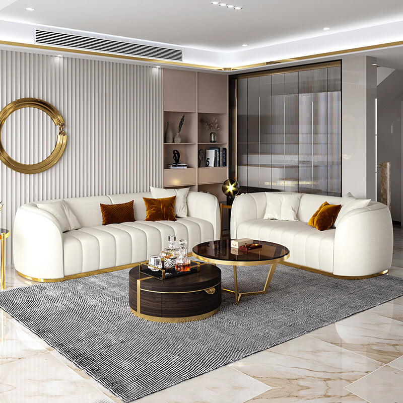 Beige Contemporary Sofa with Pillows Faux Leather Tuxedo Arm Sofa