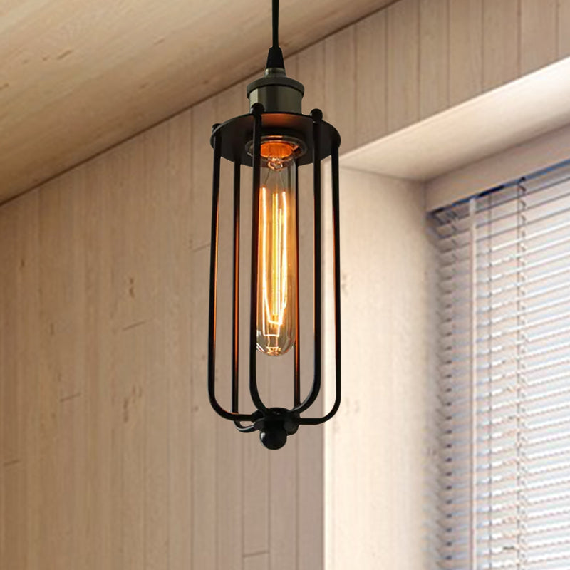 Metallic Matt Black Anhänger Lampenzylinder Käfig Schatten 1 Leichter Vintage -Stil Hanging -Fixture