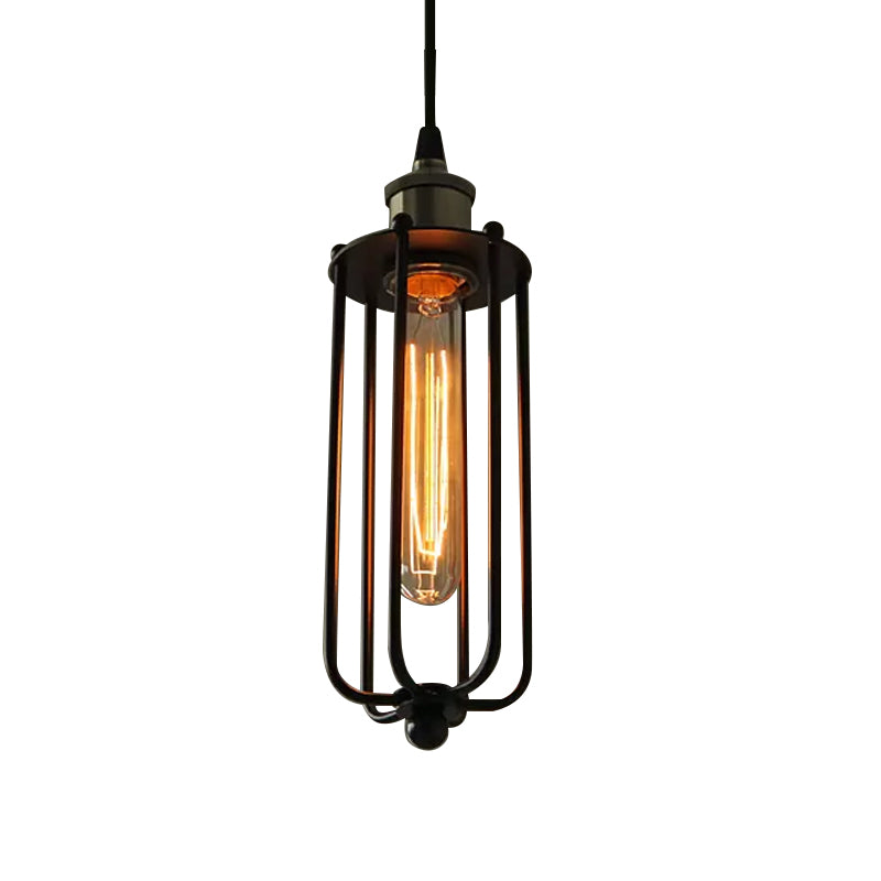 Metallic Matt Black Anhänger Lampenzylinder Käfig Schatten 1 Leichter Vintage -Stil Hanging -Fixture