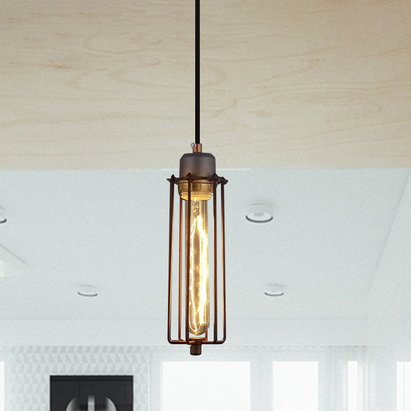 Metal Tube Pendant Light Vintage Style 1 Head Restaurant Ceiling Fixture with Wire Cage and Adjustable Cord in Black