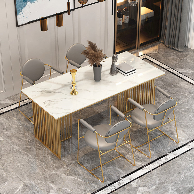 Stone Top Dining Table Contemporary Rectangle Table with Double Pedestal Base