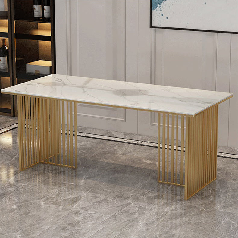 Stone Top Dining Table Contemporary Rectangle Table with Double Pedestal Base