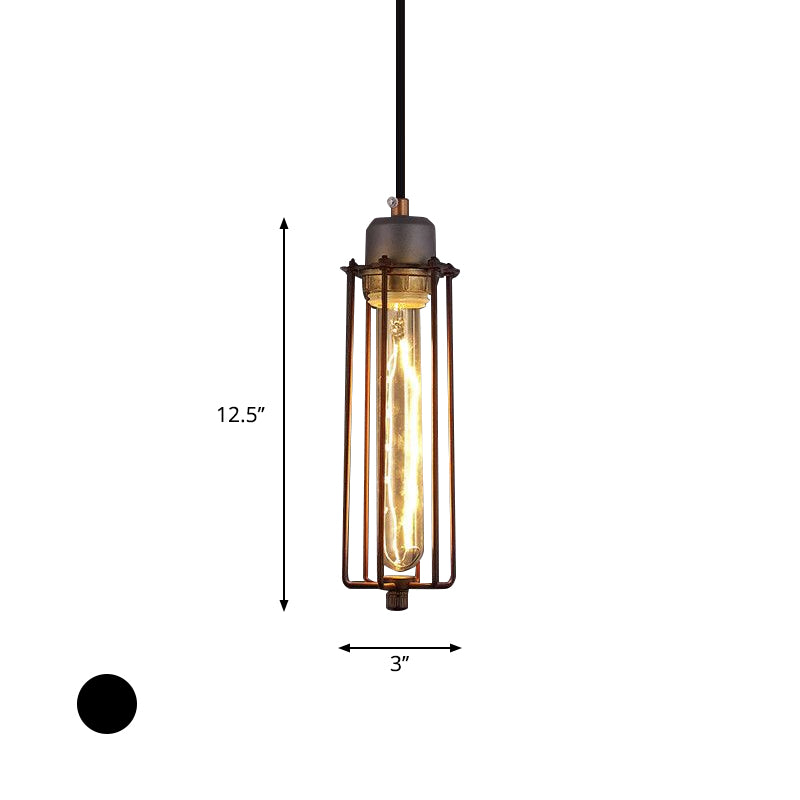 Metal Tube Pendant Light Vintage Style 1 Head Restaurant Ceiling Fixture with Wire Cage and Adjustable Cord in Black