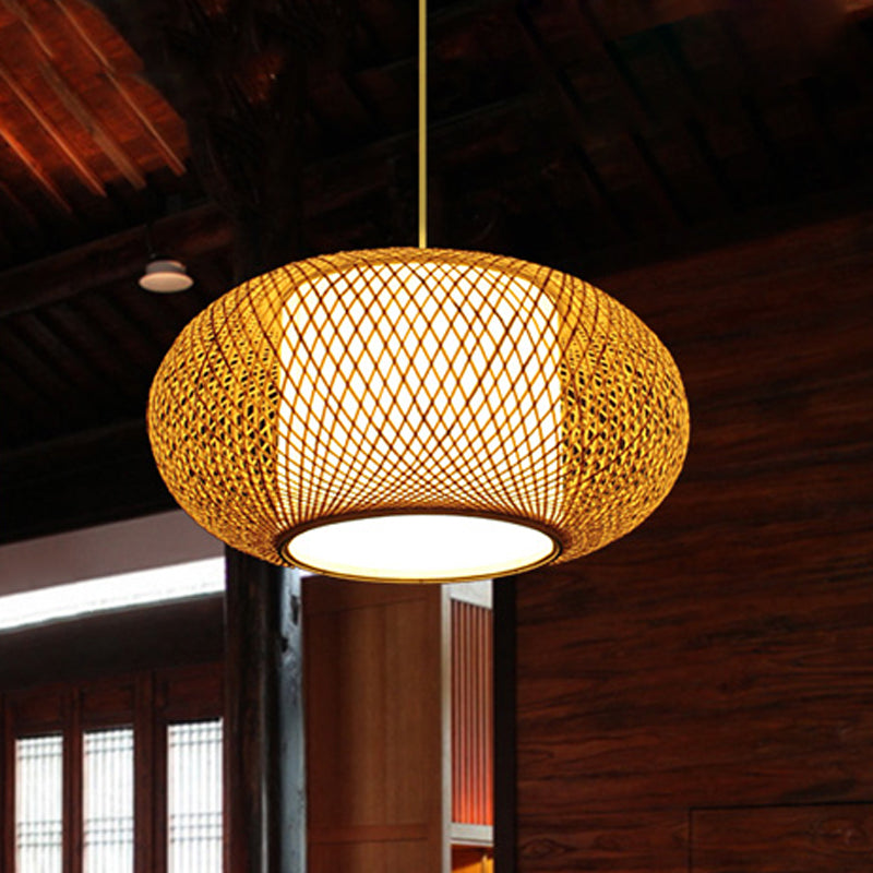 Bamboo Lantern Suspended Light Asian Single Head Hanging Lamp with Fabric Cylinder Shade Inside