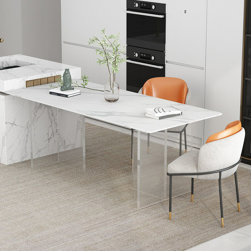 Stone Top Dining Table Industrial Rectangle Table with Double Pedestal Base