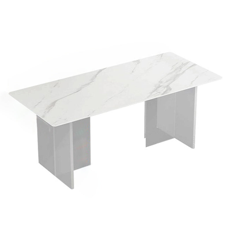 Stone Top Dining Table Industrial Rectangle Table with Double Pedestal Base