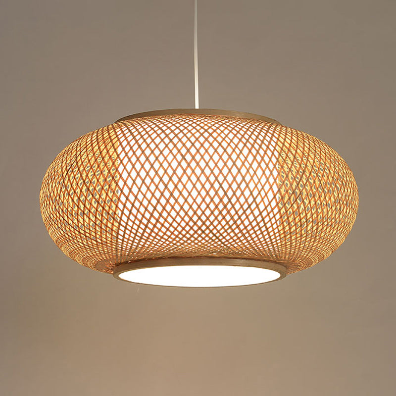 Bamboo Lantern Suspended Light Asian Single Head Hanging Lamp with Fabric Cylinder Shade Inside