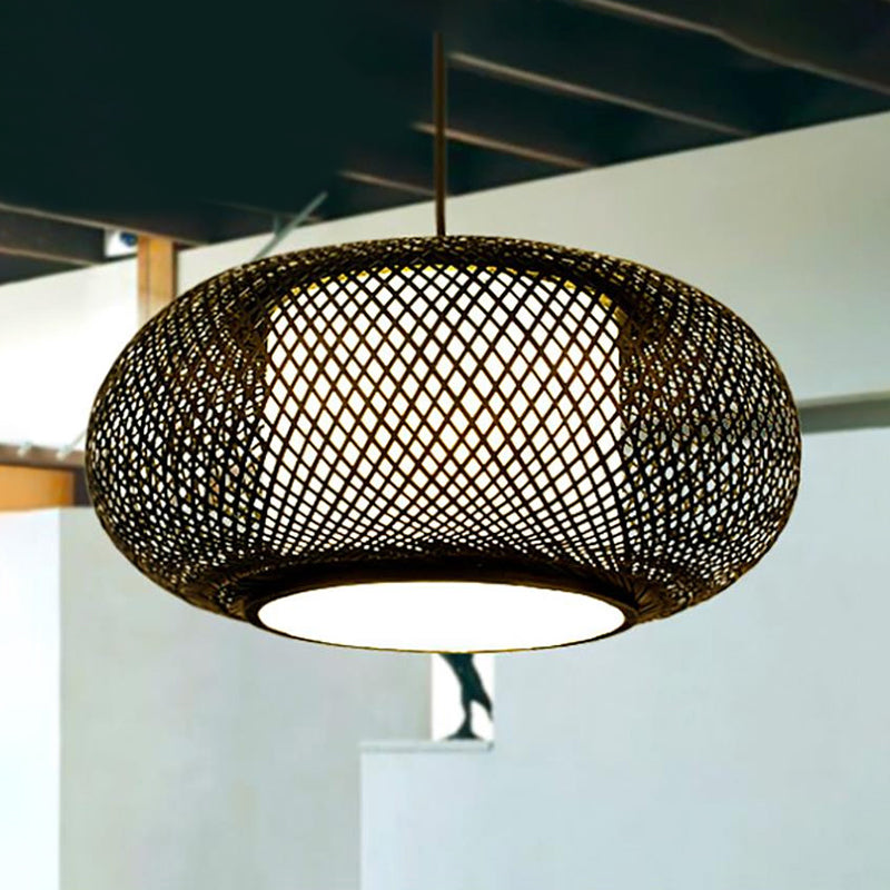Bamboo Lantern Suspended Light Asian Single Head Hanging Lamp with Fabric Cylinder Shade Inside
