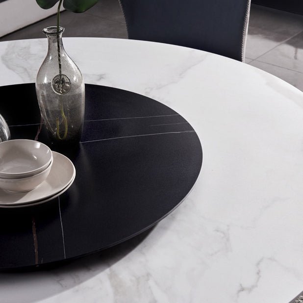 Round Stone Dining Table Modern Turntable Furniture with Pedestal Base in Matte Finish