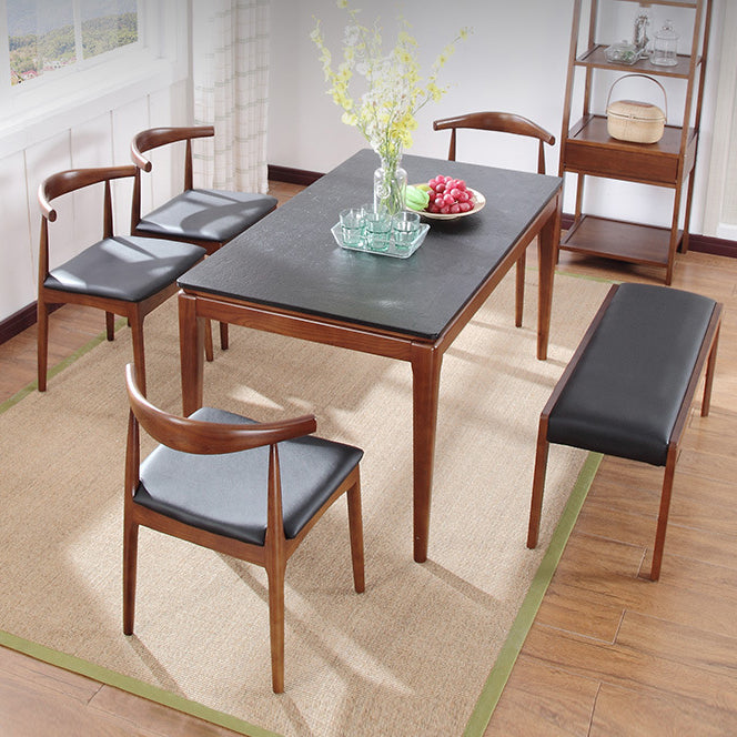 Rectangle Stone Top Table Mid-Century Modern Dining Table with 4 Wood Legs