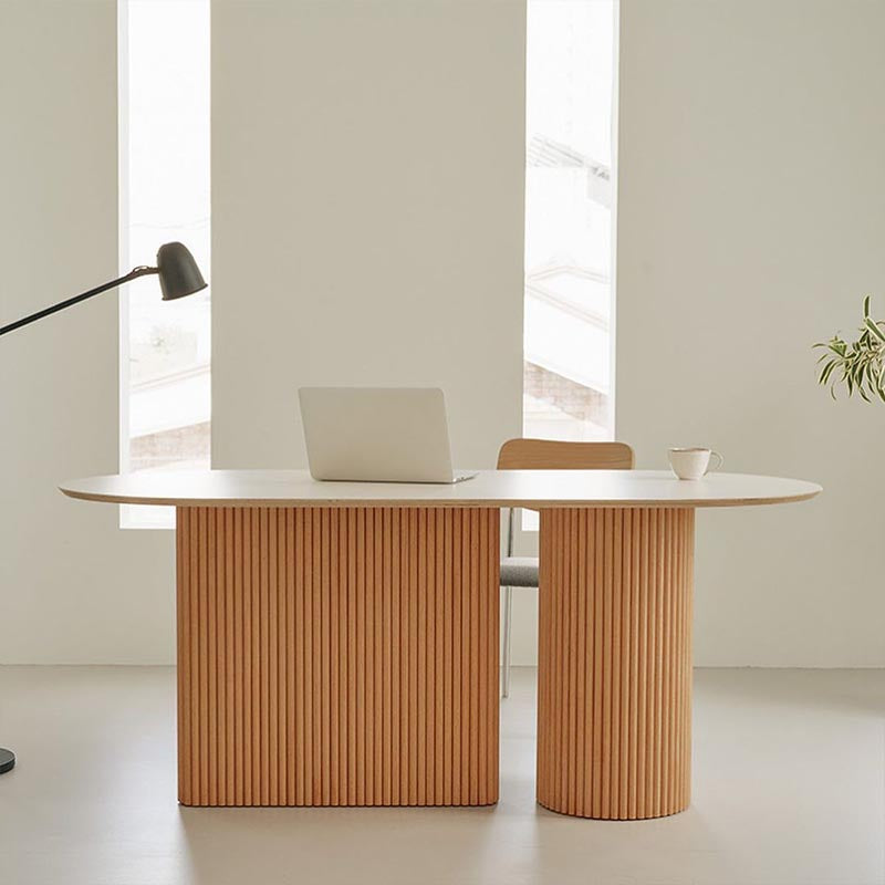 Oval Solid Wood Dining Table Modern White-natural Furniture with Double Pedestal for Home