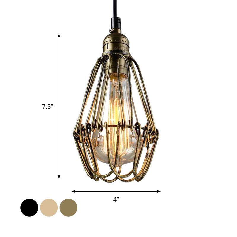 Rustic Style Diamond Cage Hanging Light 1 Head Wrought Iron Pendant Lighting in Black/Brass for Restaurant