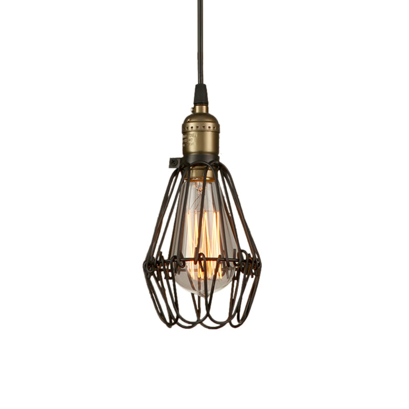 Rustic Style Diamond Cage Hanging Light 1 Head Wrought Iron Pendant Lighting in Black/Brass for Restaurant