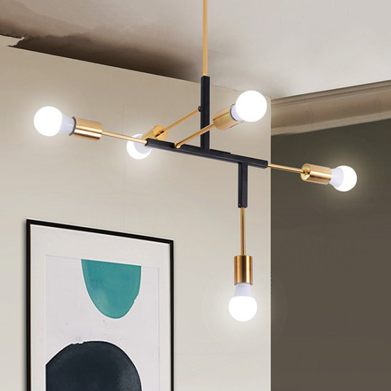 5 Arms Hanging Light Post Modern Metal Bare Bulbs Black/Gold Chandelier Pendant Light