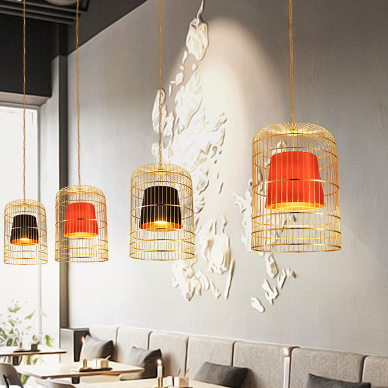 Bird Cage Dining Room Pendant Light Vintage Metal 1 Light Red/White Hanging Lamp with Tapered Fabric Shade