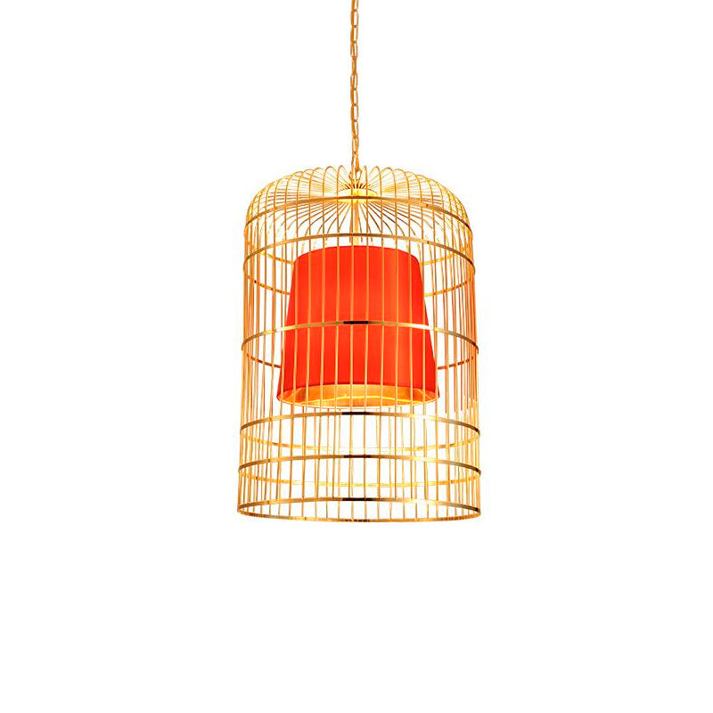 Bird Cage Dining Room Pendant Light Vintage Metal 1 Light Red/White Hanging Lamp with Tapered Fabric Shade