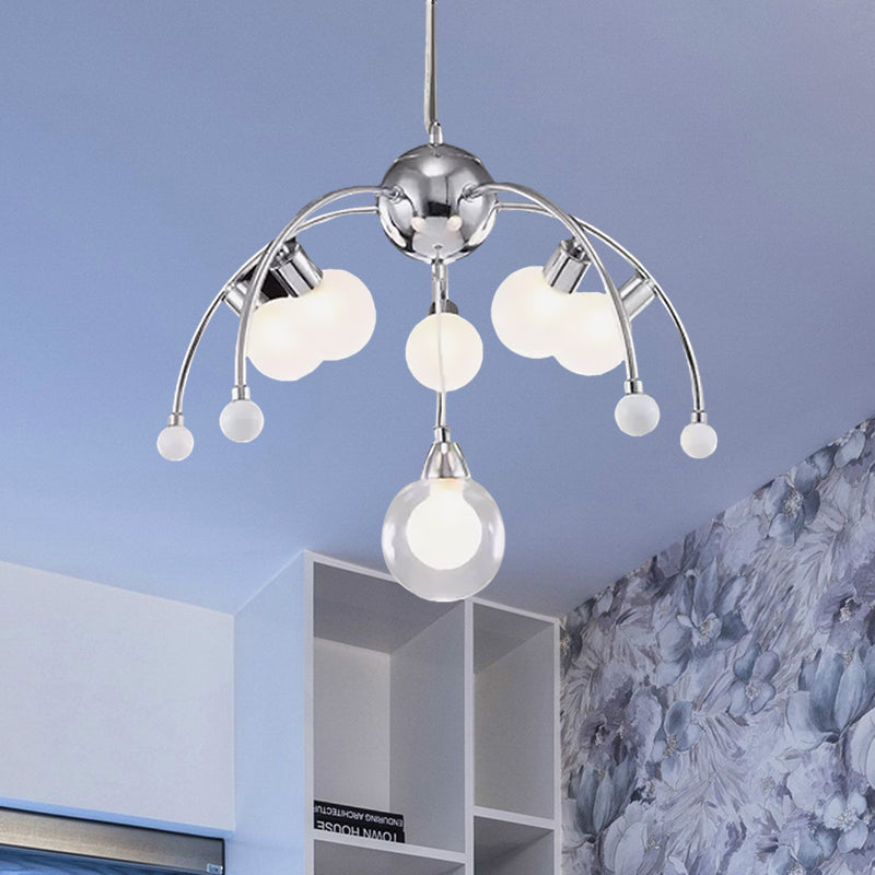 Chrome Bubble Chandelier Lighting Modernist 6/9 Lights White Glass Led Ceiling Fixture with Curved Arm