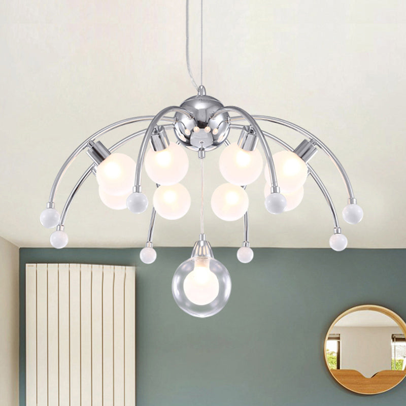Chrome Bubble Chandelier Lighting Modernist 6/9 Lights White Glass Led Ceiling Fixture with Curved Arm