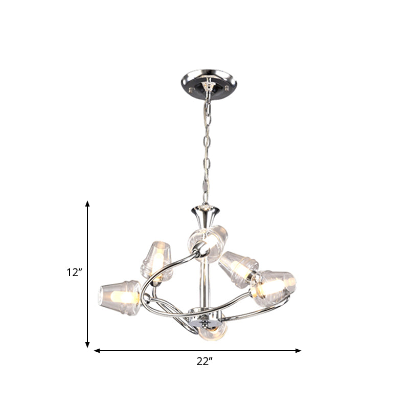 Cone Chandelier Lighting Modernist Clear Glass Multi Lights Led Chrome Ceiling Pendant Lamp with Curved Arm and Chain