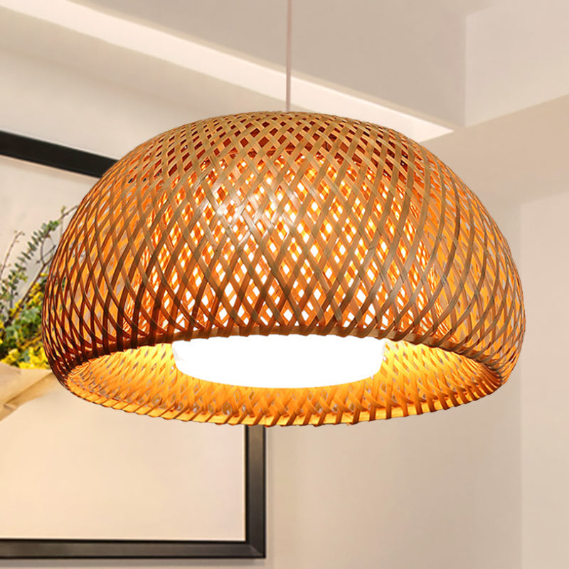 Bamboo Double-Decker Domed Hanging Lamp Rustic 1 Light Suspended Light for Restaurant Dining Room