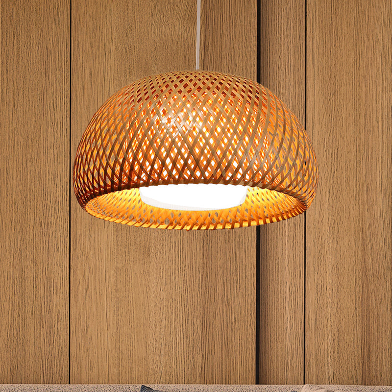 Bamboo Double-Decker Domed Hanging Lamp Rustic 1 Light Suspended Light for Restaurant Dining Room
