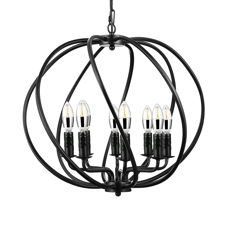 Schwarzer runder Käfig Kronleuchter Beleuchtung Industriemetall 8 Lichter Esszimmer Großer Anhänger Licht mit Kerzendekoration