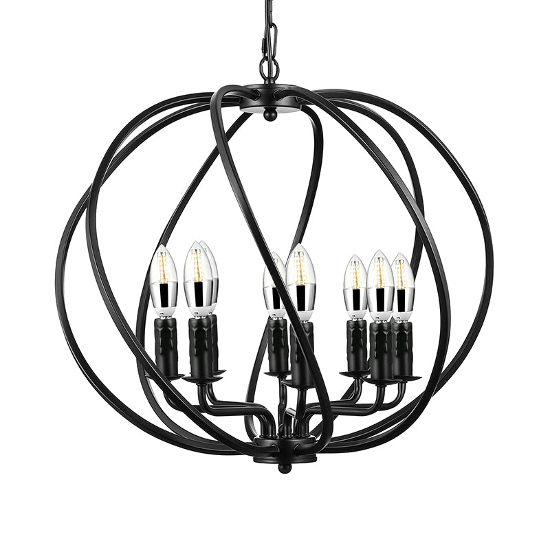 Black Round Cage Chandelier Lighting Industrial Metal 8 Lights Dining Room Large Pendant Light with Candle Decoration