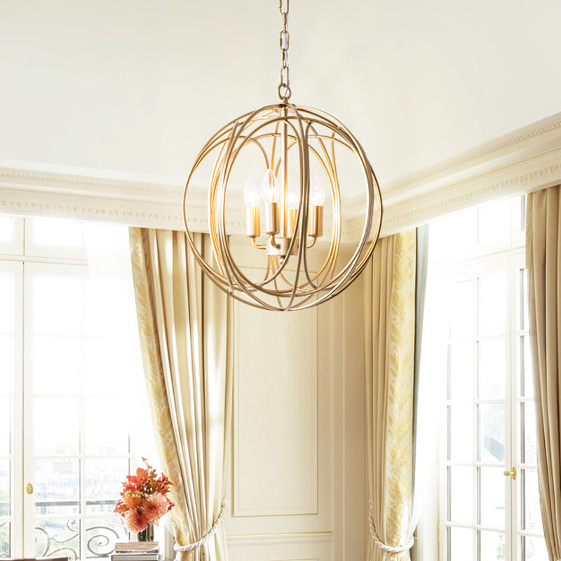 Metallic Orbit Cage Shade Chandelier Lamp Vintage Style 3 Lights Indoor Ceiling Fixture with Adjustable Chain