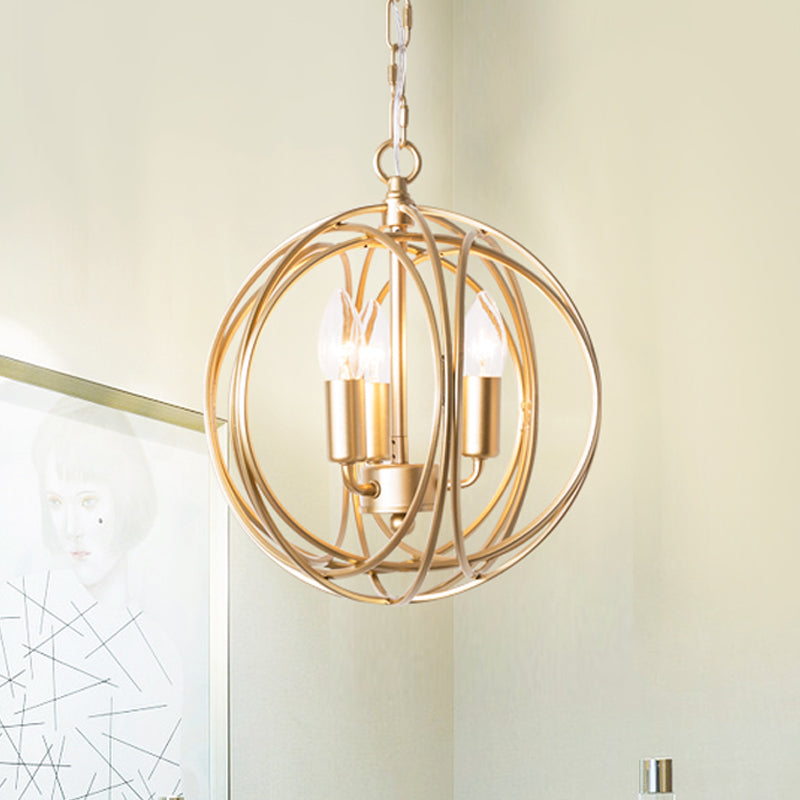 Metallic Orbit Cage Shade Chandelier Lamp Vintage Style 3 Lights Indoor Ceiling Fixture with Adjustable Chain