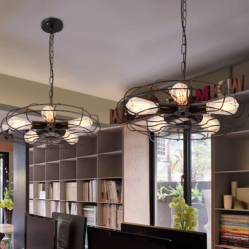 5 bombillas Iluminación colgante de la jaula redonda del lámpara de araña de hierro forjado con cable/cadena en negro/óxido