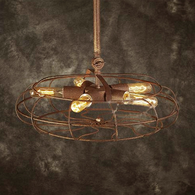 Fan Shape Farmhouse Ceiling Light with Wire Frame Rustic Wrought Iron 5 Bulbs Dark Rust Chandelier Lamp